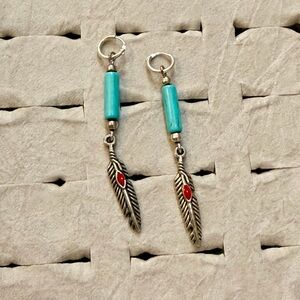 Turquoise and Silver Feather Earrings; Navajo Handmade Artisan Earrings